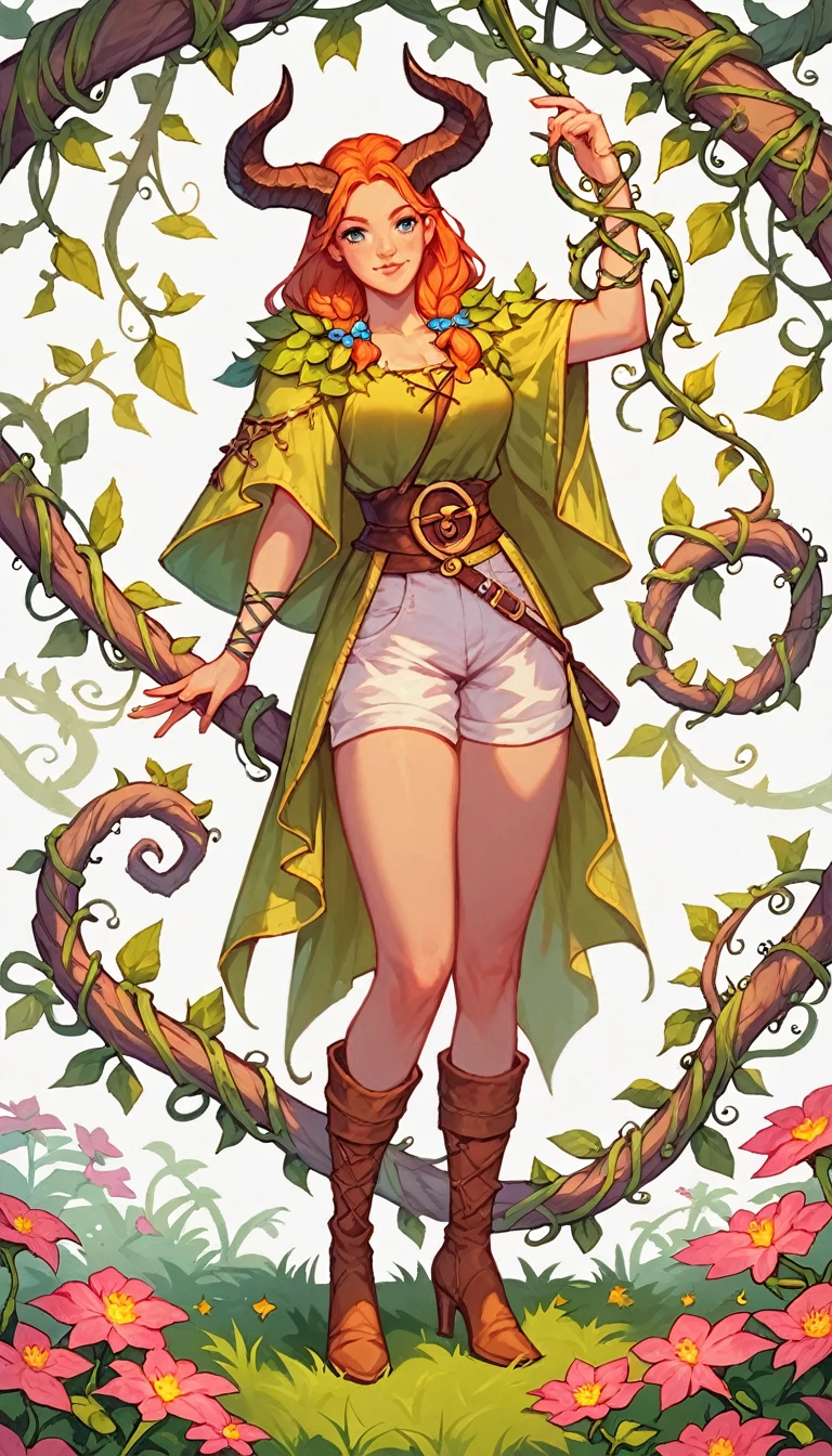White background, [1 girl:7],whole body, Yellow medieval summer girl, concept, vines on the hand and horns from the vines, full length, whole body, magic hunter, White shorts, SFV