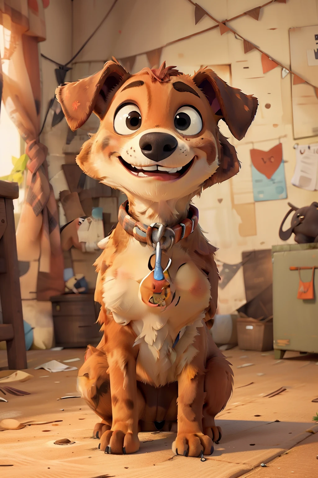 a smiling puppy with sweet eyes with a question mark symbol on his chest