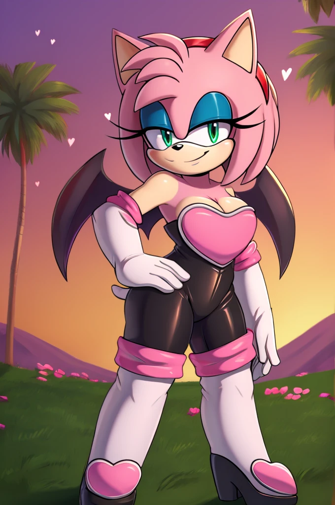 score_9, score_8_up, 2D, flat color, looking at viewer, (1girl), (solo), very detailed, extremely detailed, Amy Rose from the sonic the hedgehog series, portrait, seductive smile, hair down, hair bangs, medium breast, milf, Rouge cosplay, cosplay, Rouge the Bat outfit, she wears a black skin-tight and strapless low-cut jumpsuit, a pink heart-shaped chest plate outlined with thin white trim, elbow-length white gloves and thigh-high high-heeled boots with pink cuffs to match them, with the latter featuring both gray soles and heels, along with steel toes in the appearance of pink hearts, matching her jumpsuit's chest plate, Standing up on a beautiful day, filled with trees and flowers, sunset, Masterpiece, high quality, wingless
