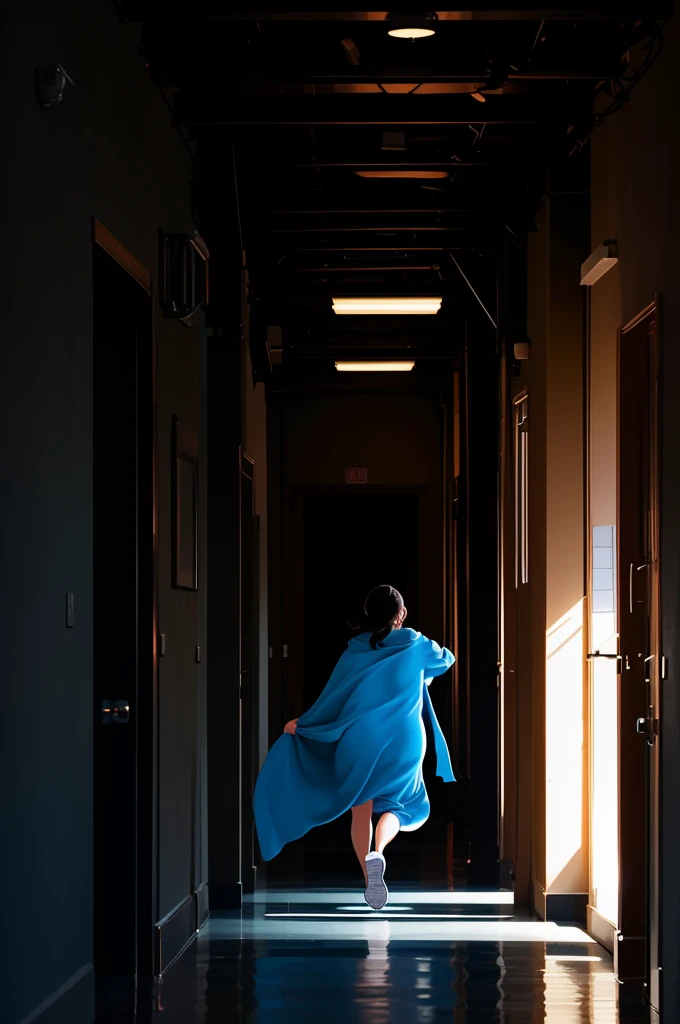 A woman with a blue blanket running through the hallway of the somewhat dark building