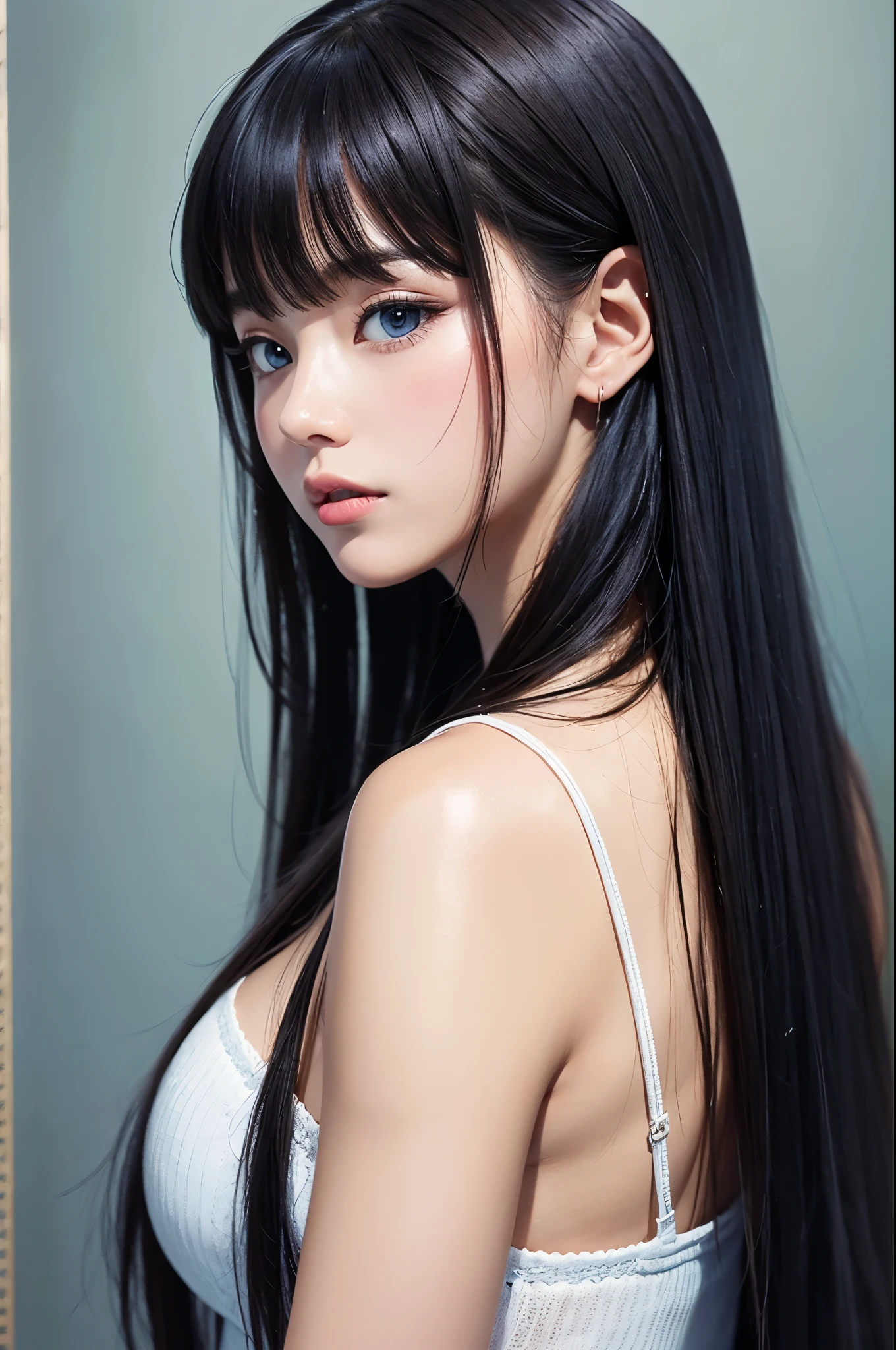 1 Female,black hair, ((Looks impatient)), Beautiful, White thin vest, good style, symmetrical clothes, (Facing forward), (Red cheeks, expression of contempt), (beautiful face), (((Upper body portrait))), blue eyes, (((The bangs are very even))), ((transparent)), Sexy