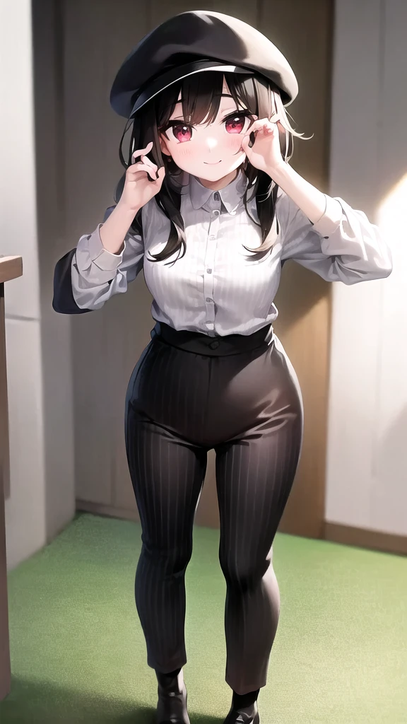 Striped shirt and black trousers、A fifty-year-old man wearing a hat, from me, ( Ivory Black ), It rains, maintenance, Time 7 0 4, Advertising images, By Gerwen Hamilton, Big pants, Mr.々A pose, fullbody photo, wide full body, Costume: police officer, 🚿🗝📝, long, full_body!!, beginner、low length、smile、Small breasts