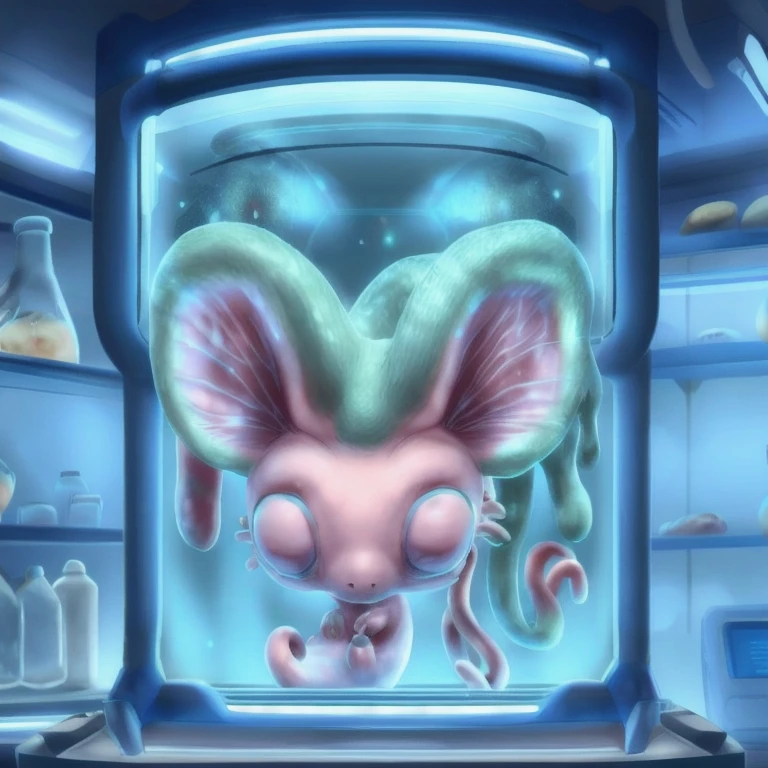 creature look like pink and blue heart with green tail, mouse body mix with larva, cosmic horror creature, hyper detailed pink alien, alien creature, cute little creature, weird alien creature, an anthropomorphic mouse, face, a pale alien cultist, giant ears, left side of the ear melted, huge head, in a transparent incubator, in a laboratory