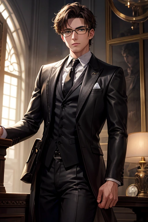 1 young man, highly detailed, masterpiece, best quality, extremely detailed, cinematic lighting, beautiful detailed illumination, finely detailed beautiful face and eyes, 8K, dark intense shadows, gray-green eyes, medium hair, glasses, brown hair, black jacket, open jacket, black shirt, impassive, white tie, black pants, spotlight, sunlight, sunrise, gradient sky, city, lens flare, cowboy shot, [young man]