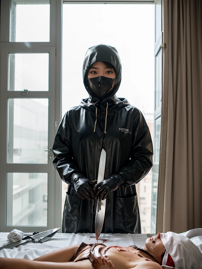 korean girl, (behind corpse, surgical mask), blood splatter, holding knife, stabbing, leather gloves, room full of blood, transparent raincoat, hood up, trucker hat, holding knife, leather gloves, behind corpse, short hair, night, mass murderer, robbery, in the hotel, light from the window
