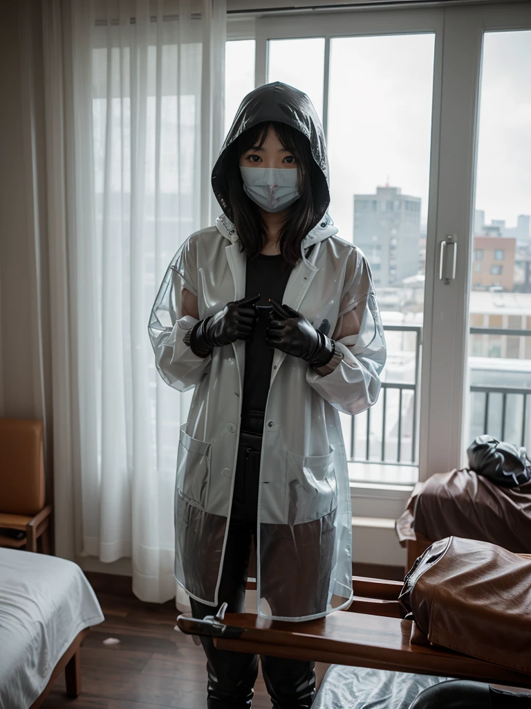 korean girl, (behind corpse, surgical mask), holding knife, stabbing, latex gloves, bath full of blood, transparent raincoat, hood up, holding knife, white gloves, behind corpse, blood splatter, mass murderer, killer, long bangs, in the house,