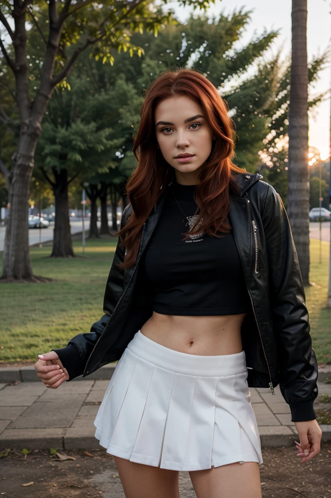 woman, realistic, young, red hair, jacket, full body, model, possing, sunset, detailed face, in a park, realistic background, preety face, ambar light eyes