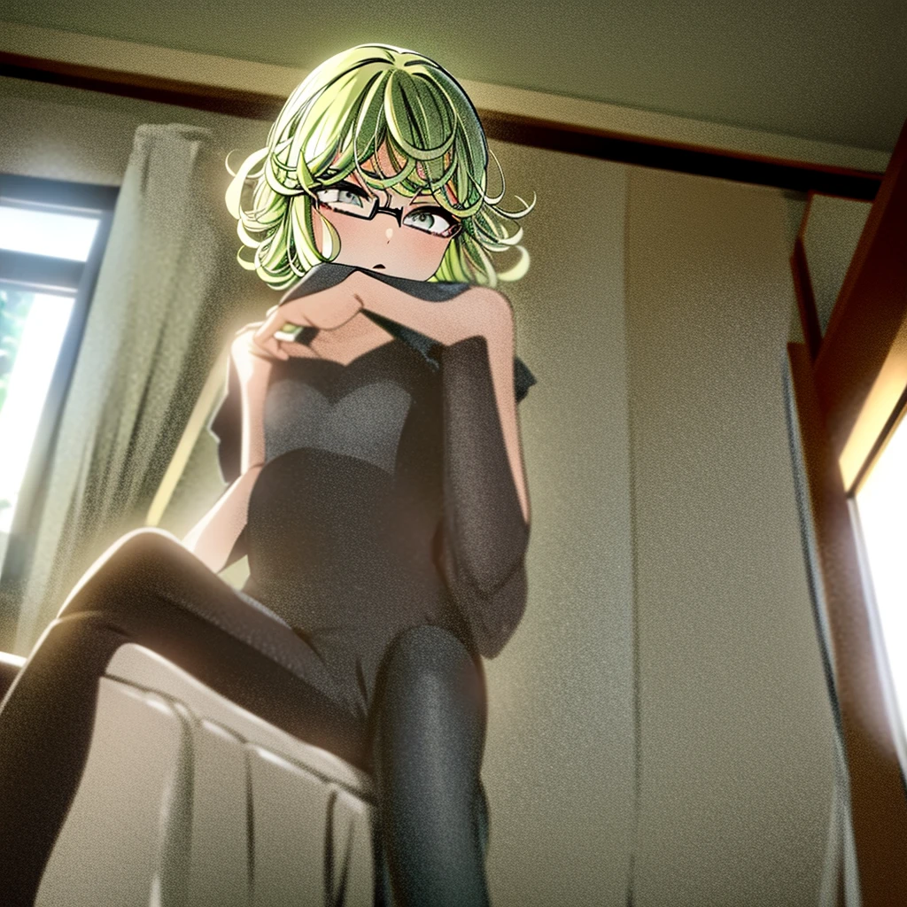 Tatsumaki with gren glasses sitting on the whit bed with saitama