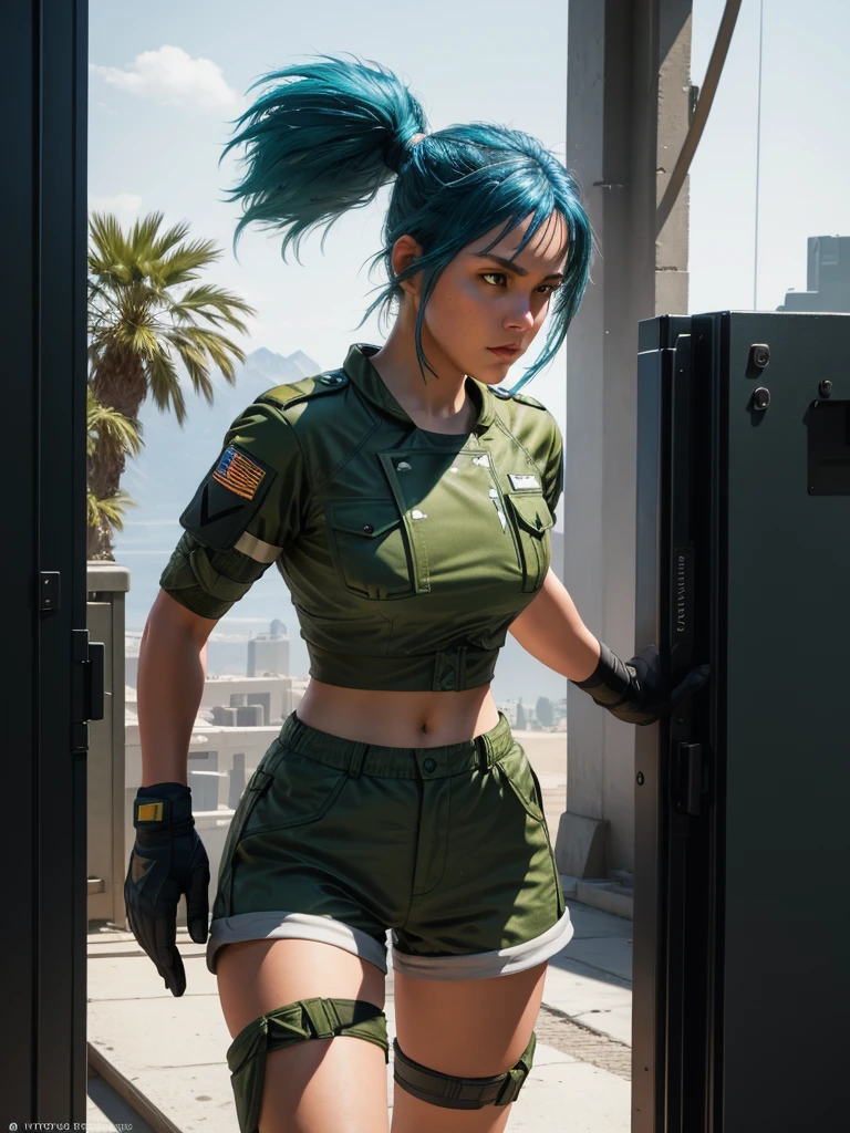 30-year-old woman, alone, athletic, blue hair tied in a ponytail, wears green military shorts, wears a green military top, wears dark gloves, has military boots, high resolution, perfect image, very detailed, high contrast, colors digital, simple, medium shot, cinematic, ultra-sharp focus, award-winning photography, perfect contrast, high sharpness, depth of field, ultra-detailed photography. global illumination, fluid, ultra high definition, 8k, Unreal Engine 5, ultra sharp focus, award-winning photography, Art Season Trends,
