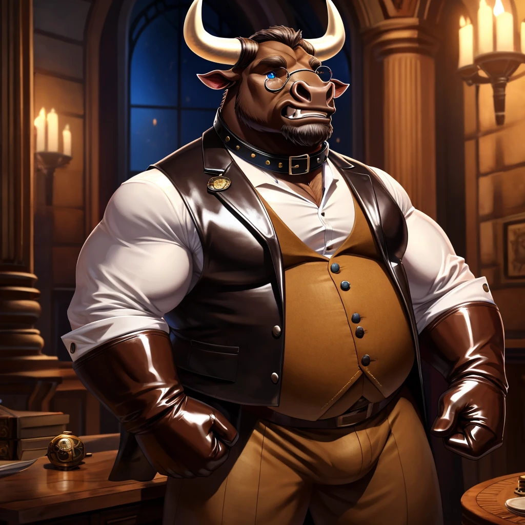 Solo, Male, fat, extremely obese, gentleman, dapper Professor Minotaur, blue eyes, (posing:1.3), (soft shading), 4k, hi res, ((detailed face, detailed)), looking at viewer, mouth wide open, steampunk, collared shirt with buttons, top hat, male focus, Explorer Outfit, glasses, monocle, vest with buttons, sleeves rolled up, round eyewear, brown headwear, brown vest, Minotaur is wearing a glossy leather dog collar around the neck, Minotaur is wearing the leather collar and shirt and vest at the same time, Minotaur is wearing glossy white rubber gloves on the hands, wearing white rubber gloves on the feet, gloves are rubber in texture, clenching teeth, clenching fists, leather collar is glossy and shiny with a lot of detail, Minotaur is wearing gloves and leather collar at the same time, leather collar has a round dog-tag, leather collar is thick and detailed, leather collar is glossy and shiny, fancy clothing, dapper vest, dapper shirt, leather collar is thick, glossy leather collar.