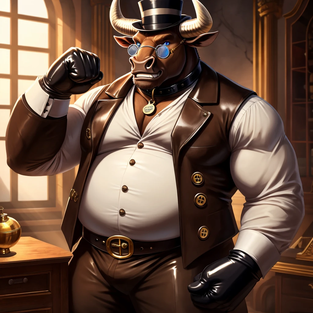 Solo, Male, fat, extremely obese, gentleman, dapper Professor Minotaur, blue eyes, (posing:1.3), (soft shading), 4k, hi res, ((detailed face, detailed)), looking at viewer, mouth wide open, steampunk, collared shirt with buttons, top hat, male focus, Explorer Outfit, glasses, monocle, vest with buttons, sleeves rolled up, round eyewear, brown headwear, brown vest, Minotaur is wearing a glossy leather dog collar around the neck, Minotaur is wearing the leather collar and shirt and vest at the same time, Minotaur is wearing glossy white rubber gloves on the hands, wearing white rubber gloves on the feet, gloves are rubber in texture, clenching teeth, clenching fists, leather collar is glossy and shiny with a lot of detail, Minotaur is wearing gloves and leather collar at the same time, leather collar has a round dog-tag, leather collar is thick and detailed, leather collar is glossy and shiny, fancy clothing, dapper vest, dapper shirt, leather collar is thick, glossy leather collar.