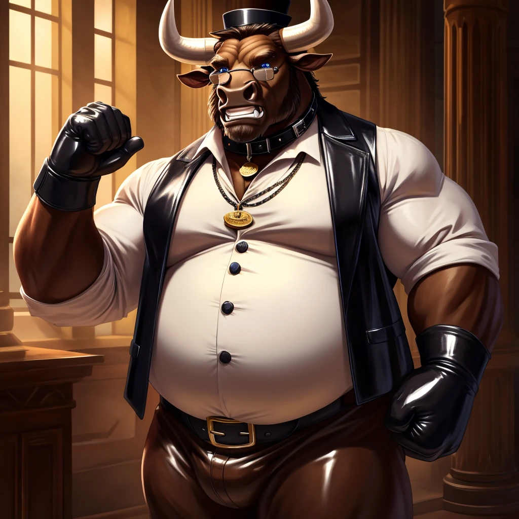 Solo, Male, fat, extremely obese, gentleman, dapper Professor Minotaur, blue eyes, (posing:1.3), (soft shading), 4k, hi res, ((detailed face, detailed)), looking at viewer, mouth wide open, steampunk, collared shirt with buttons, top hat, male focus, Explorer Outfit, glasses, monocle, vest with buttons, sleeves rolled up, round eyewear, brown headwear, brown vest, Minotaur is wearing a glossy leather dog collar around the neck, Minotaur is wearing the leather collar and shirt and vest at the same time, Minotaur is wearing glossy white rubber gloves on the hands, wearing white rubber gloves on the feet, gloves are rubber in texture, clenching teeth, clenching fists, leather collar is glossy and shiny with a lot of detail, Minotaur is wearing gloves and leather collar at the same time, leather collar has a round dog-tag, leather collar is thick and detailed, leather collar is glossy and shiny, fancy clothing, dapper vest, dapper shirt, leather collar is thick, glossy leather collar.