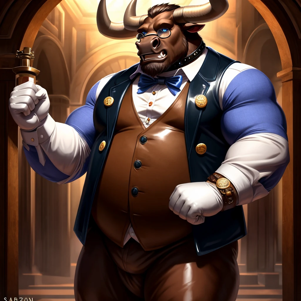 Solo, Male, fat, extremely obese, gentleman, dapper Professor Minotaur, blue eyes, (posing:1.3), (soft shading), 4k, hi res, ((detailed face, detailed)), looking at viewer, mouth wide open, steampunk, collared shirt with buttons, top hat, male focus, Explorer Outfit, glasses, monocle, vest with buttons, sleeves rolled up, round eyewear, brown headwear, brown vest, Minotaur is wearing a glossy leather dog collar around the neck, Minotaur is wearing the leather collar and shirt and vest at the same time, Minotaur is wearing glossy white rubber gloves on the hands, wearing white rubber gloves on the feet, gloves are rubber in texture, clenching teeth, clenching fists, leather collar is glossy and shiny with a lot of detail, Minotaur is wearing gloves and leather collar at the same time, leather collar has a round dog-tag, leather collar is thick and detailed, leather collar is glossy and shiny, fancy clothing, dapper vest, dapper shirt, leather collar is thick, glossy leather collar.