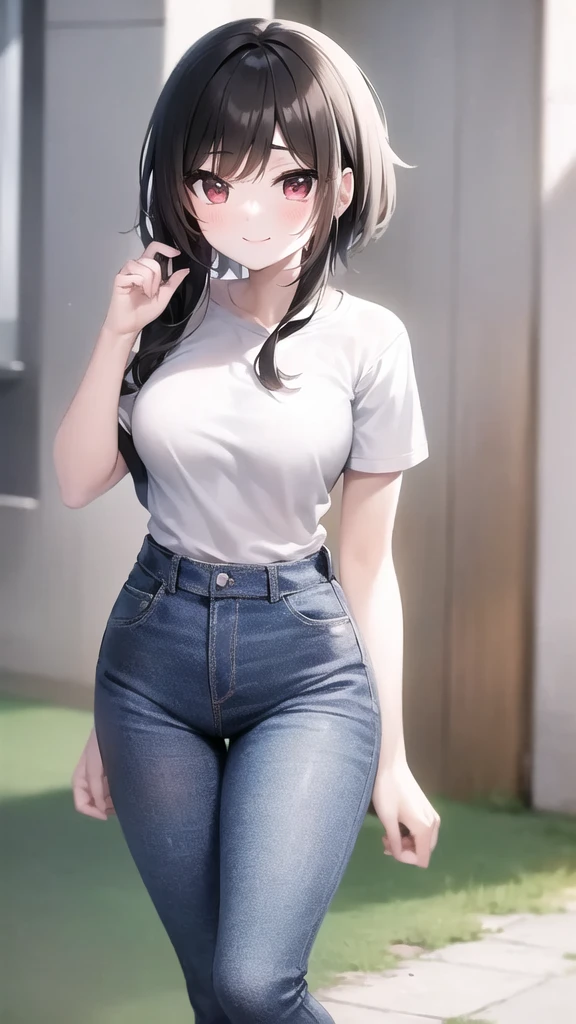 one woman, spread legs, put hands between legs,from below, tall of a person,white t-shirt,blue jeans,thin,gleaming skin,beautiful face,sharp eyes,brown eyes,flushed cheeks,cool,laughing,long hair,pony tale, black hair,slender face,indoor,illustration style,anime style,masterpiece, extremely fine and beautiful,illustration,adult woman