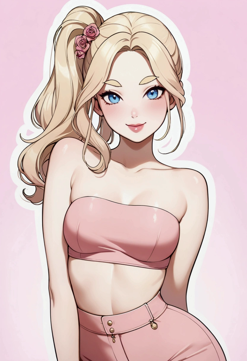 Woman, light blonde hair, pale blue eyes, rosy cheeks, lipgloss, solo, smiling, sassy, bright smile, pink strapless crop top, high side ponytail, light blonde eyebrows, delicate, flat, feminine, pastel pink, posing, flirty, childish, sexy, cute, no breast, playful, sporty