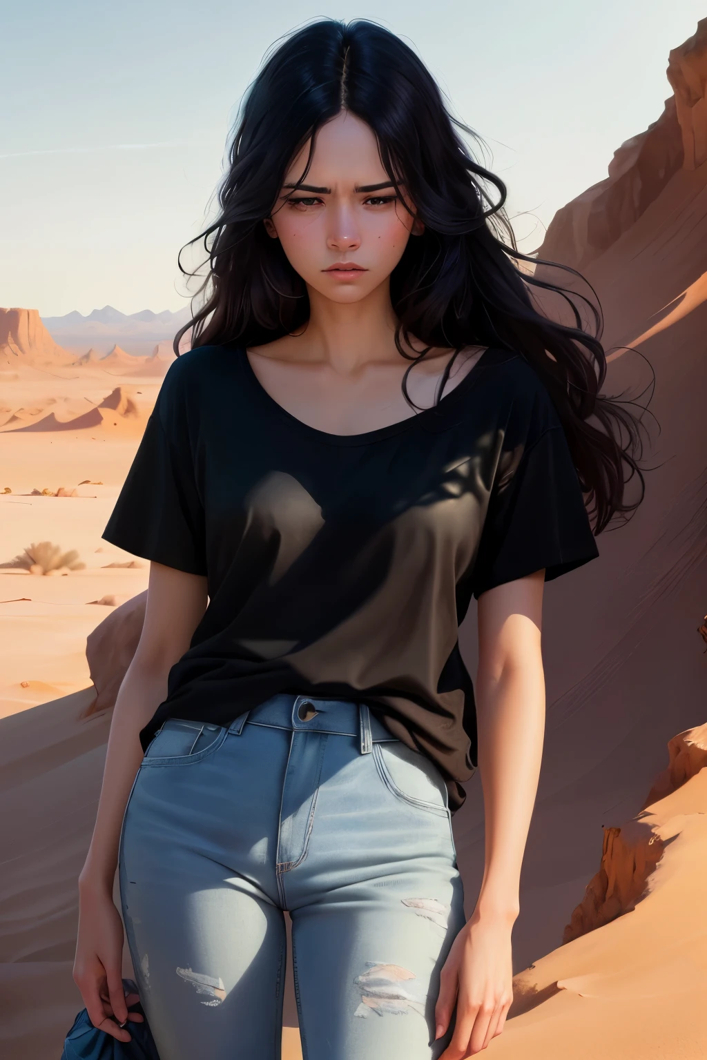 ((best quality)), ((masterpiece)), (detailed), A digital illustration of a long black haired woman in a desert looking at the sky with a tired expression on her face, wearing a plain black t-shirt and blue jeans.