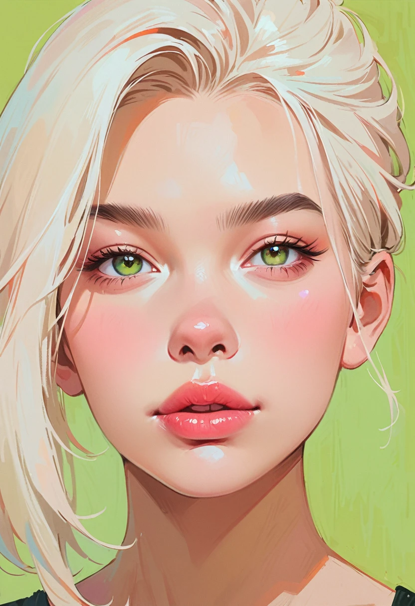 (masterpiece, best quality:1.2), 1 girl, solitary,Anime style,White hair, Green pupils, Scissorhands, lips pink, Smile,Long blond hair, One side long sideburns, In the style of a top portrait painter, Green Background.