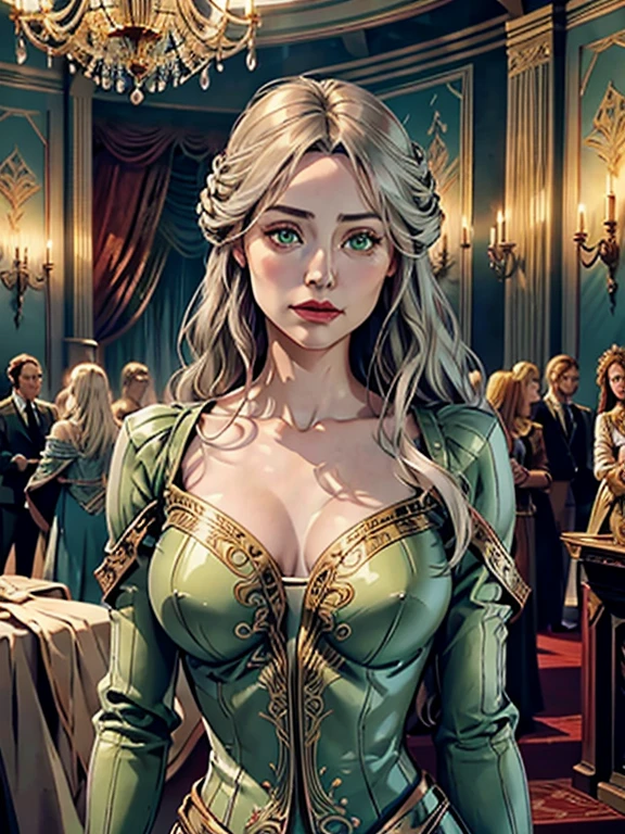 a beautiful woman in a long tight silver ball gown dress, Eowyn from the Lord of the Rings, exquisitely detailed portrait, detailed facial features, striking emerald green eyes, delicate facial structure, elegant hairstyle, dramatic ballroom setting with ornate chandeliers, luxurious interior, dramatic lighting, photorealistic, highly detailed, intricate fabric textures, shimmering satin, accentuating her figure, cinched waist, graceful pose, regal bearing, fantasy, digital art