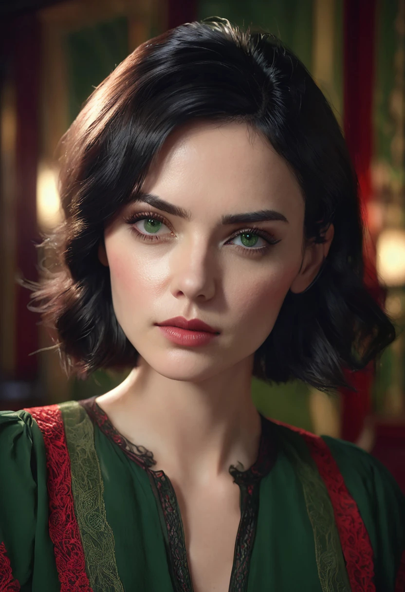 1 woman, inside a room decorated in dark colors and red, wearing a dark green blouse, detailed facial features, detailed female green eyes, detailed light skin, very short asymmetrical black hair, soft lighting, serious expression on the face, cinematic composition cold, dark atmosphere, serious face, beautiful, delicate chin, pretty girl, 20s (best quality, 4K, 8K, high resolution, art: 1.2), ultra-detailed, (realistic, photorealistic, photorealistic: 1.37)