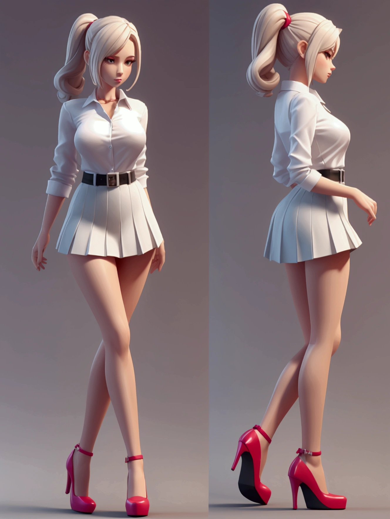 detailed character sheet of a female teacher,cute,sexy,rendered in 3d,zbrush,blender,easy to model,with accesories,dynamic pose,wearing a white collar blouse,wearing a tigh miniskirt,long legs,waring high heel shoes,front,profile,three quarter