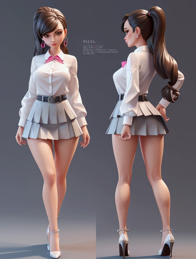 detailed character sheet of a female teacher,cute,sexy,rendered in 3d,zbrush,blender,easy to model,with accesories,dynamic pose,wearing a white collar blouse,wearing a tigh miniskirt,long legs,waring high heel shoes,front,profile,three quarter