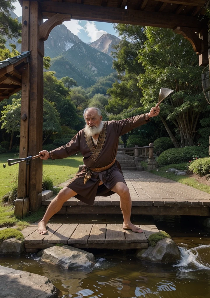 Create an illustration featuring an aged man (dressed in traditional attire) and a genie in an outdoor setting. The aged man should be shown in a defensive stance, appearing surprised or alarmed, while a terrifying genie should be depicted as aggressive and imposing, wielding an tomahawk. The background should include natural elements like trees, rocks, distint mountains and a carved wooden bridge. A serene river flowing under the carved wooden bridge. The wooden bridge should be moss-covered, adding an air of mystery and age to the scene.