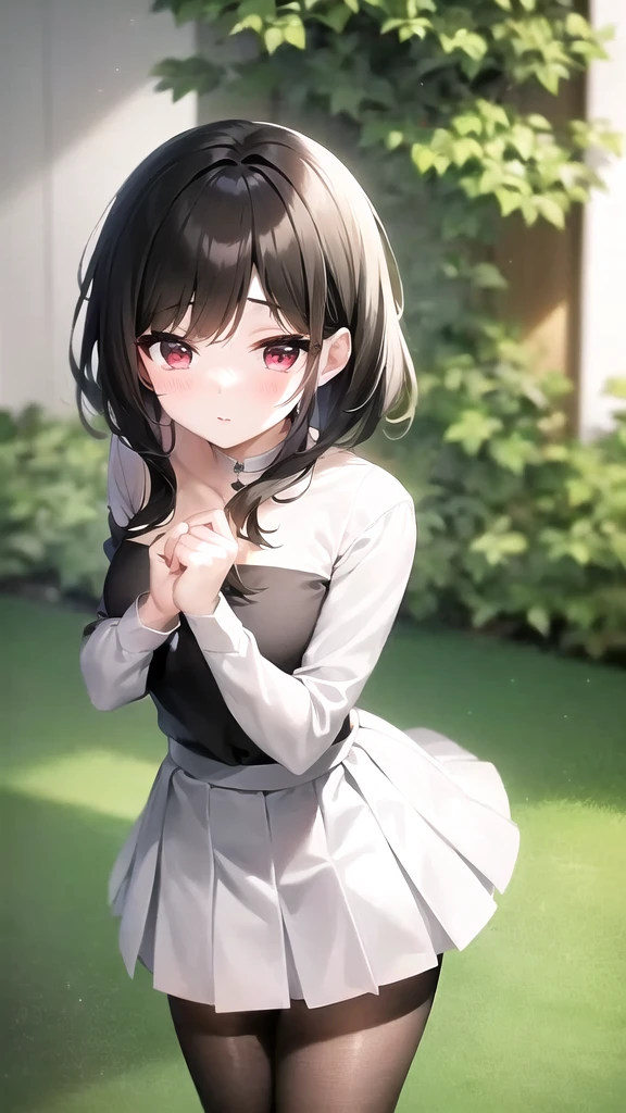 a woman walking across a lush green field wearing a white skirt, with white, beautiful画像, whole body!!, wearing white skirt, beautiful, black, Cute and elegant pose, Chiho, Cute Style, beautifulショートスカート, white skirt, beautifulかわいい, Chie Yoshii's Style, Wide skirt, かわいいbeautiful, ta Style, Simple style, white!!, Adorable、low length、smile、Small breasts