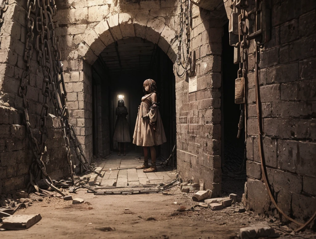 In the underground prison (scene)
Where the female slaves are kept... They are tied in ropes and chains on their neck.. there are 5 of them
(The background should be gloomy, dark, and the slaves all females are dirty, like from the steets with sad eyes and torned clothing)