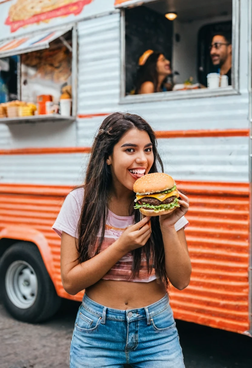 25-year-old beautiful Latin American girl eating burger in front of a food truck . She is happy, Looking at the camera. Background: street side with full of crowd