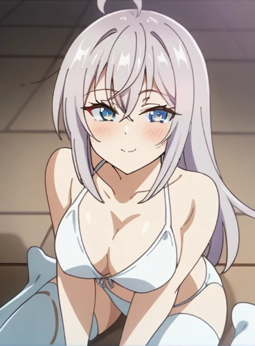 (anime art style:0.1), 2d, masterpiece, best quality, very aesthetic, absurdres, dynamic shadows, atmosferic, alisa_mikhailovna, (1girl), (grey hair), long hair, blue eyes, detailed eyes, ahoge, hair between eyes, bangs, medium breasts, curvy body, makeup, intense blush, collarbone, (sexy smile), bikini, white thighhighs, sexy smile, (upper body), ((wariza)), looking at viewer,