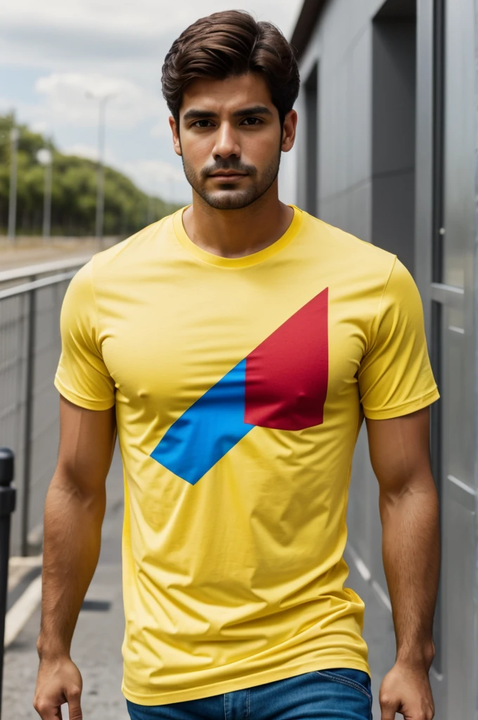 Pablo Gómez in a yellow t-shirt, blue and red 