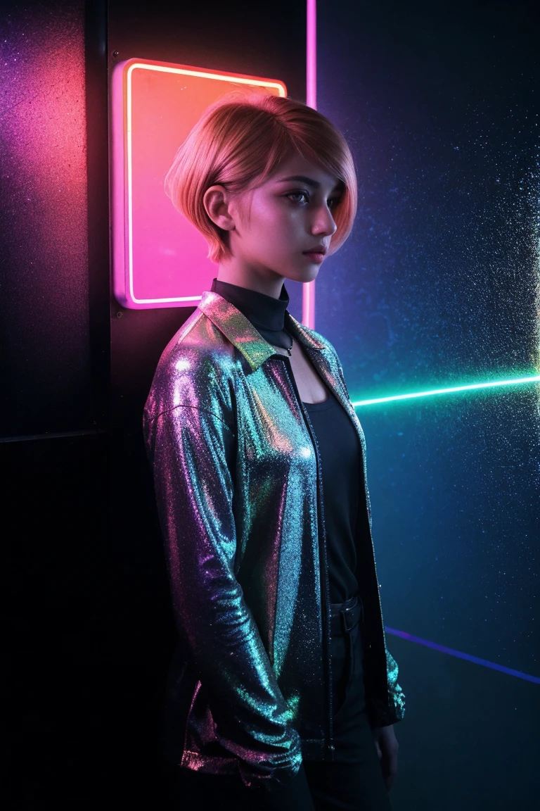 Analog photo, dark shot, Low profile, action, (smart afghan girl, 20 years:1.1), Strawberry blonde pixie bob hair, huge , correspond, reflection on the wall background, abstraction atmosphere, (prismatic, holographic:1.2), Sparkling, neon lights, (neon lights:1.1), chaotic, fashion magazine, (complex parts:0.9), (high dynamic range, Super detailed:1.2)