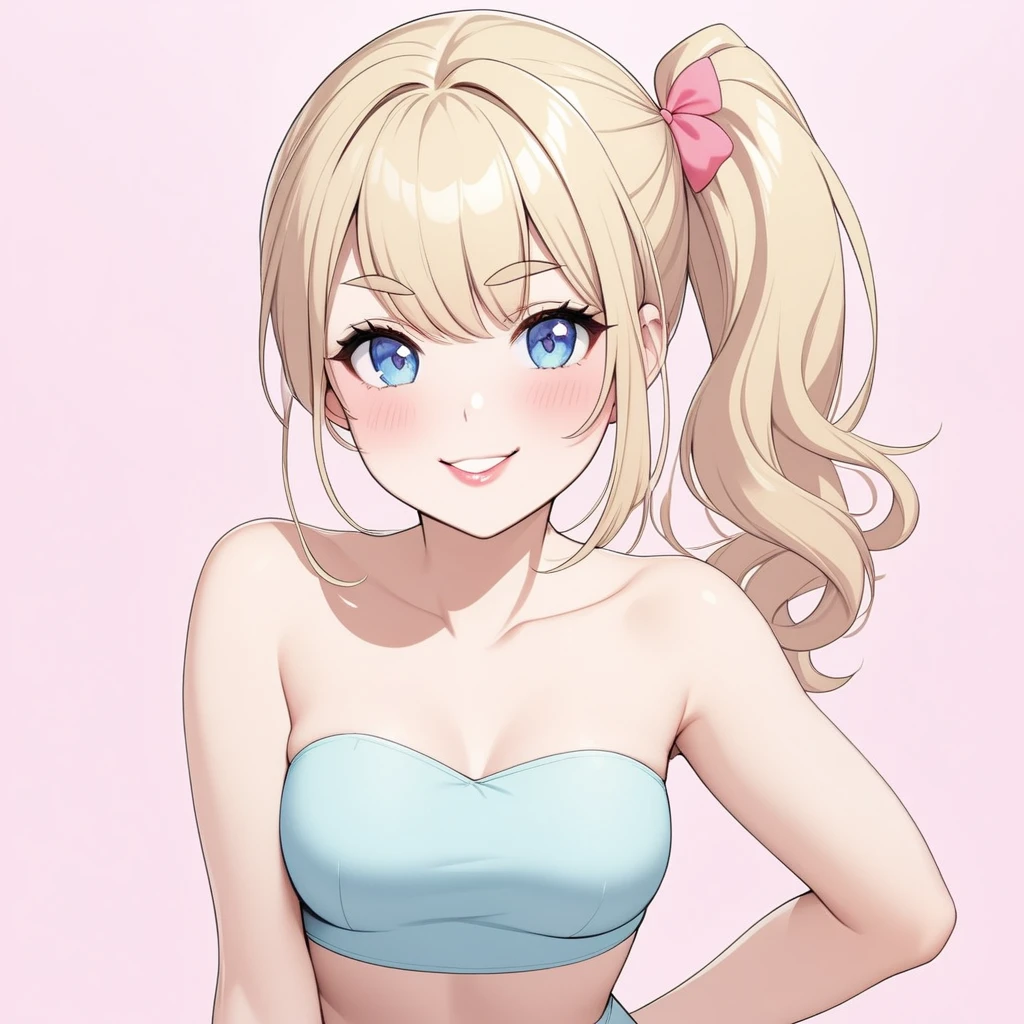 Woman, light blonde hair, pale blue eyes, rosy cheeks, lipgloss, solo, smiling, sassy, bright smile, pink strapless crop top, high side ponytail, light blonde eyebrows, delicate, flat, feminine, pastel pink, posing, flirty, childish, sexy, cute, no breast