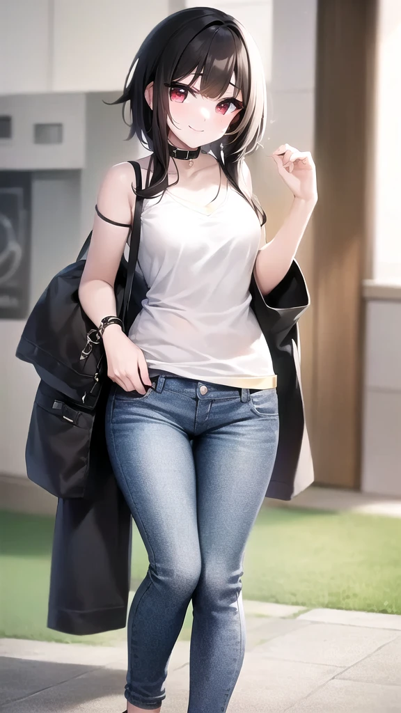 masterpiece, best quality, high detail, beautiful woman, wavy hair, dark blue hair, low ponytail, white cropped t-shirt and unbuttoned jean jacket, black midi pencil ((skirt)), long black pencil skirt, ((midi skirt)), sneakers, midriff, belly button, looking at viewer, wide eyed, garden, park, tree, smile, walking, hand on head,