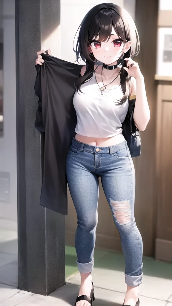 Arabian style woman standing in front of a blue sign with a white bag, baggy jeans, jeans pants, wearing a baggy, Big pants, 2020 Fashion, ( ( ( wearing jeans ) ) ), jeans, baggy pants, Casual clothing, jeansパンツ, Casual clothing style, Cute Casual Streetwear, Casual modern fashion, Casual clothing装, baggy、low length、smile、Small breasts