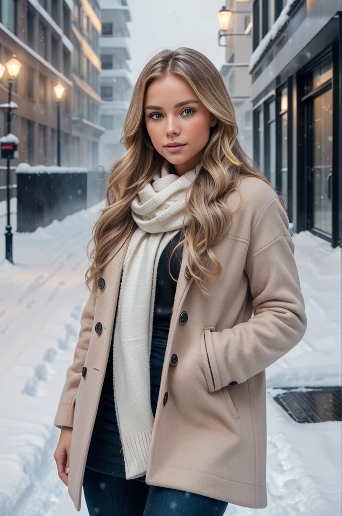 professional portrait photograph of a gorgeous Norwegian girl in winter clothing with long wavy blonde hair, sultry flirty look, gorgeous symmetrical face, cute natural makeup, wearing elegant warm winter fashion clothing, ((standing outside in snowy city street)), stunning modern urban environment, ultra realistic, concept art, elegant, highly detailed, intricate, sharp focus, depth of field, f/1. 8, 85mm, medium shot, mid shot, (((professionally color graded))), bright soft diffused light, (volumetric fog), trending on instagram, hdr 4k, 8k