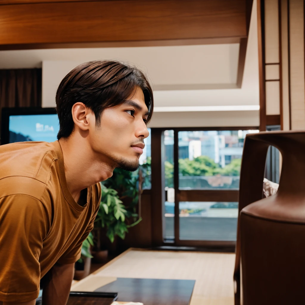 Brown hair, brown eyes, a guy named brian, shard jawline, living room scenery, male, Japanese mixed Korean type eyes, side view, dlim nose, dim lips, 4k, nationality is Filipino, left side veiw showing off his sharp jawline, Espanol