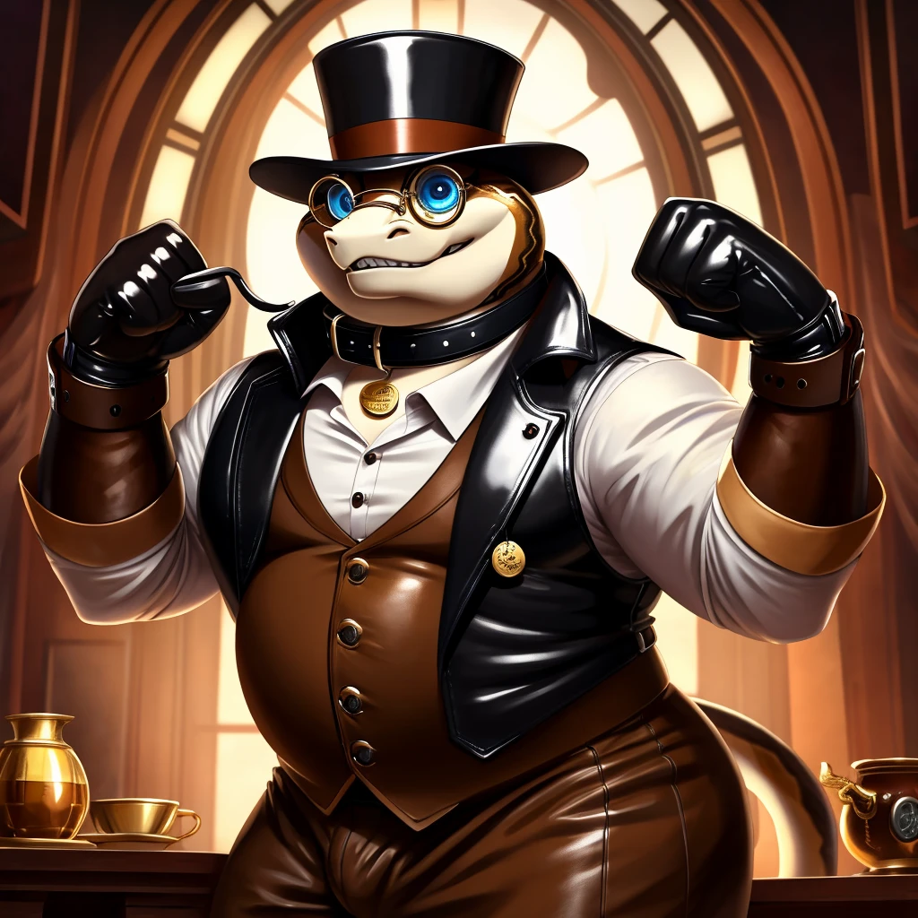Solo, Male, fat, extremely obese, gentleman, dapper Professor Snake, blue eyes, (posing:1.3), (soft shading), 4k, hi res, ((detailed face, detailed)), looking at viewer, mouth wide open, steampunk, collared shirt with buttons, top hat, male focus, Explorer Outfit, glasses, monocle, vest with buttons, sleeves rolled up, round eyewear, brown headwear, brown vest, Snake is wearing a glossy leather dog collar around the neck, Snake is wearing the leather collar and shirt and vest at the same time, Snake is wearing glossy white rubber gloves on the hands, wearing white rubber gloves on the feet, gloves are rubber in texture, clenching teeth, clenching fists, leather collar is glossy and shiny with a lot of detail, Snake is wearing gloves and leather collar at the same time, leather collar has a round dog-tag, leather collar is thick and detailed, leather collar is glossy and shiny, fancy clothing, dapper vest, dapper shirt, leather collar is thick, glossy leather collar.