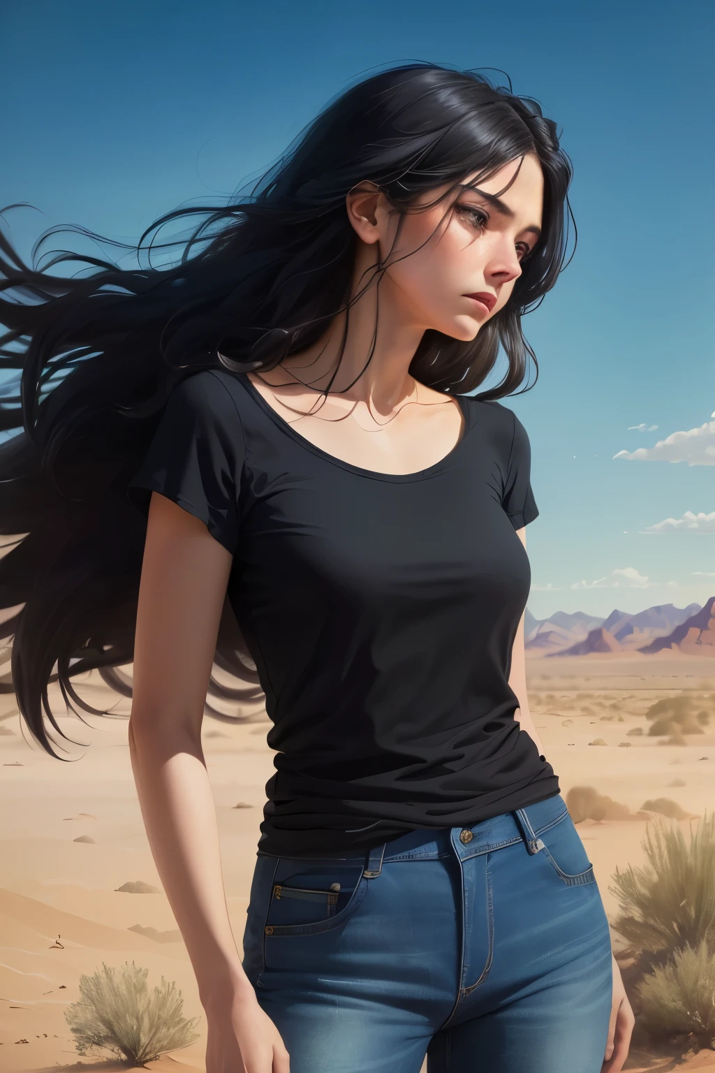 ((best quality)), ((masterpiece)), (detailed), A digital illustration of a long black haired woman in a desert looking at the sky with a tired expression on her face, wearing a plain black t-shirt and blue jeans. 