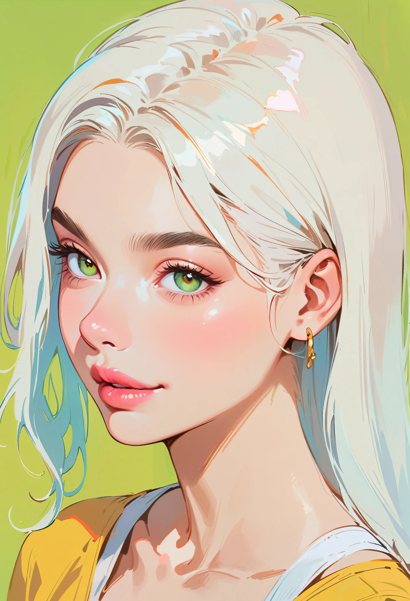 (masterpiece, best quality:1.2), 1 girl, solitary，Anime style，White hair, Green pupils, Scissorhands, lips pink, Smile，Long blond hair, One side long sideburns, In the style of a top portrait painter, Green Background.