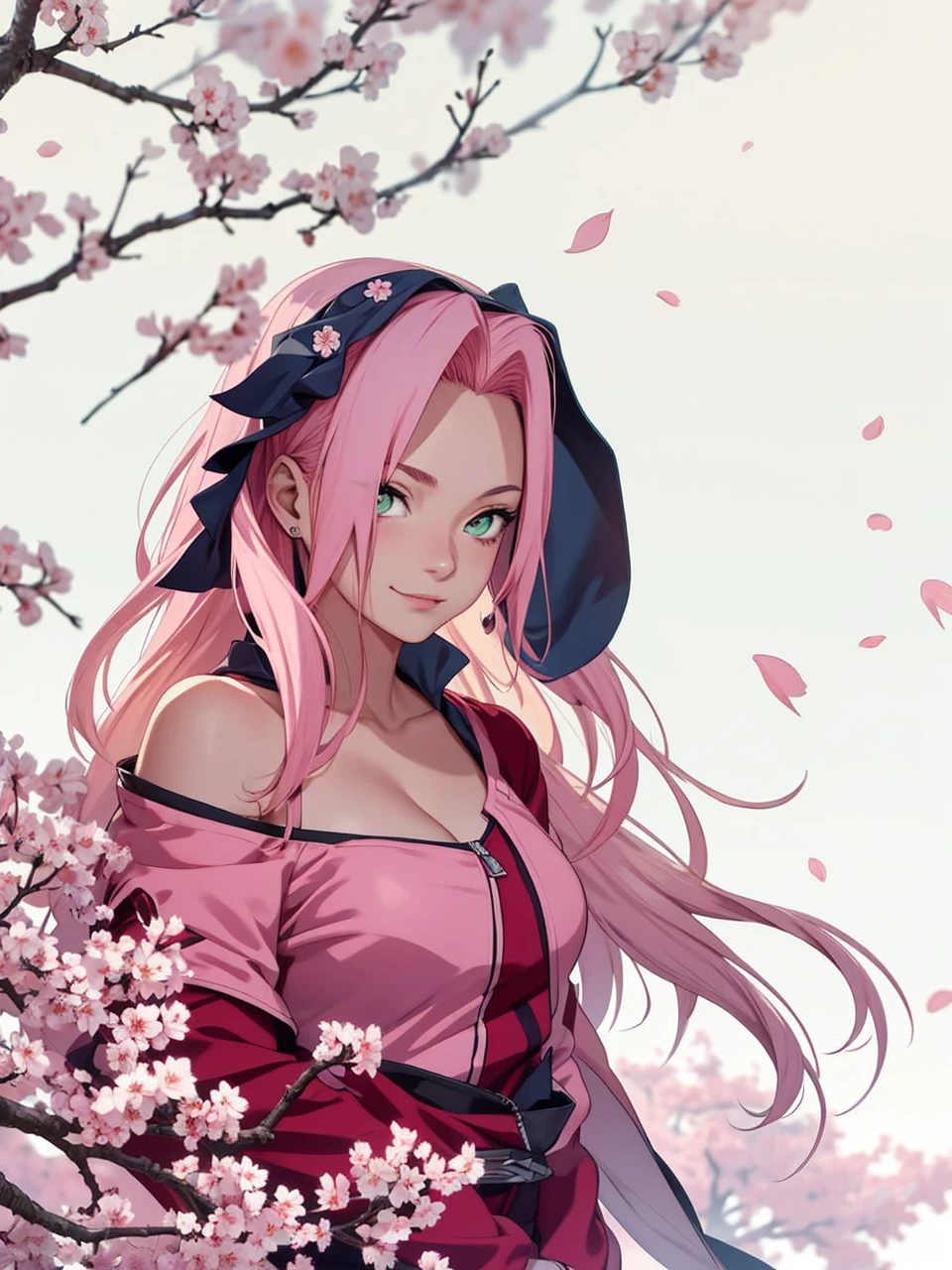 tmasterpiece， Best quality at best， 1girll， Sakura Haruno， Large breasts，Off-the-shoulder attire，（cleavage)，（upperbody closeup)，Raised sexy，is shy，ssmile，with pink hair， long whitr hair， （Green eyeballs:1.4)， Forehead protection， the cherry trees，Cherry blossoms flying，Red clothes，Zipper half