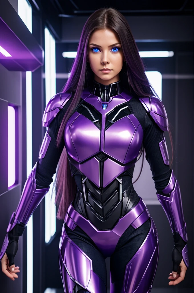 Female cyborg purple outfit and blue eyes and long hair in purple standing