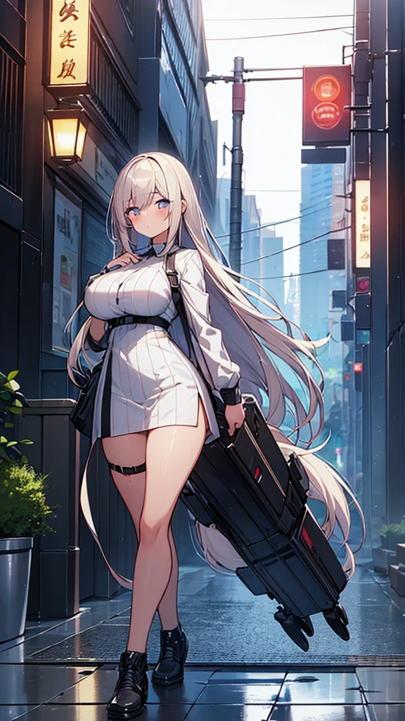 Long gray-white hair scattered，dual horsetail，Pink eyes，Loving pupils，girl，huge tit，White sports shorts，white short sleeve，Clothes drenched in sweat，Stretch out