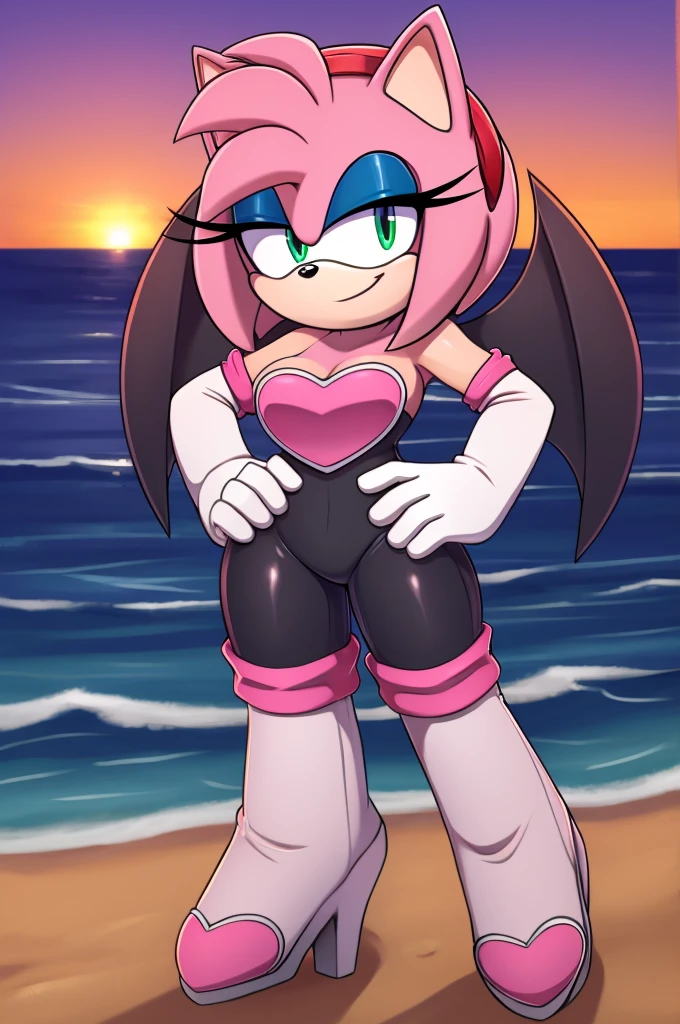 score_9, score_8_up, 2D, flat color, looking at viewer, (1girl), (solo), very detailed, extremely detailed, Amy Rose from the sonic the hedgehog series, portrait, seductive smile, hair down, hair bangs, medium breast, Rouge cosplay, cosplay, Rouge the Bat outfit, she wears a black skin-tight and strapless low-cut jumpsuit, a pink heart-shaped chest plate outlined with thin white trim, elbow-length white gloves and thigh-high high-heeled boots with pink cuffs to match them, with the latter featuring both gray soles and heels, matching her jumpsuit's chest plate, walking on the beach with the ocean waves in a nice sunset, close up, right hand on the hip, left hand down, wingless