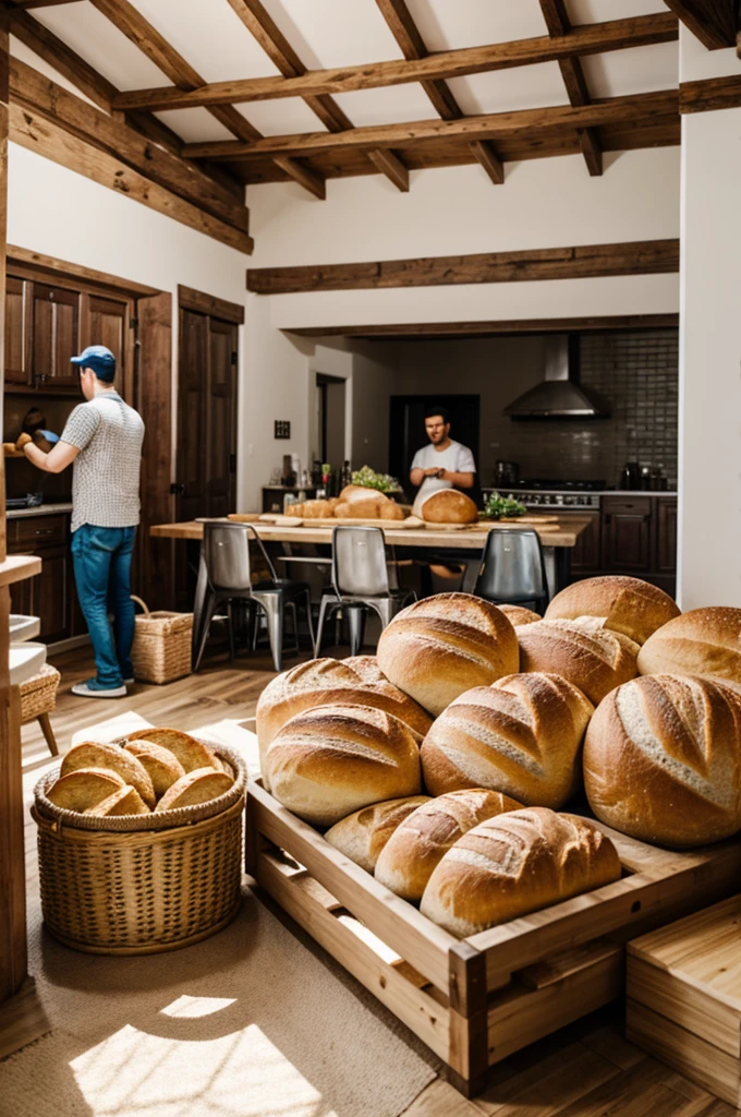people in a house, choosing bread from a mountain of bread