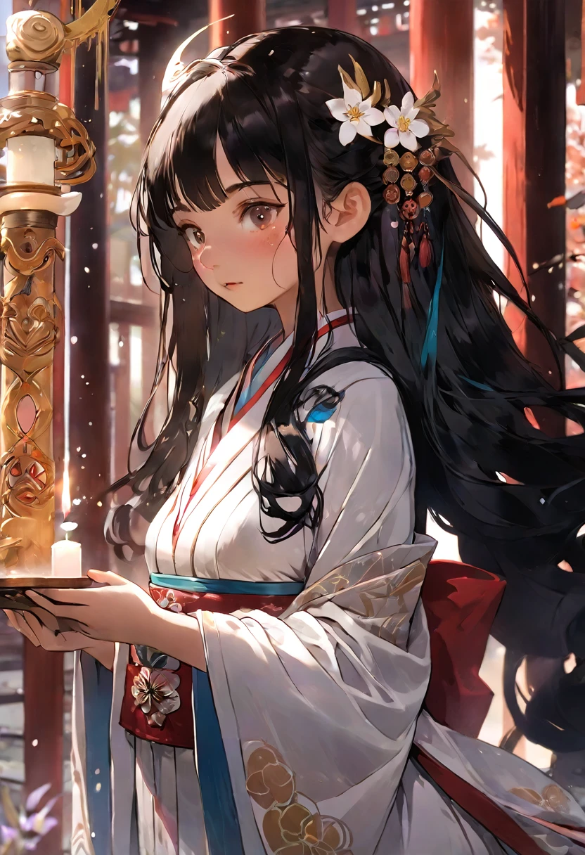 (1girl:1.3),solo,__body-parts__,, official art, unity 8k wallpaper, ultra detailed, beautiful and aesthetic, beautiful, masterpiece, best quality,Fantastical Atmosphere, Calming Palette, Tranquil Mood, Soft Shading,, Miko priestess, charm spell, talisman familiar, shrine maiden duties, blow job