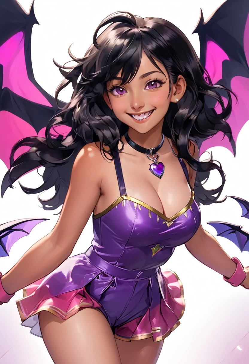 (connie maheswaran cosplayeng as lilica felchenerow (arcana heart), (skates, gold sleeveless parka:1.2, purple tube top, purple spandex shorts, purple collar, bat wings), ((masterpiece,best quality, hyper-hdr, 8k uhd, hyper-detailed)), connie maheswaran, long hair, black hair, pink blade, fangs, full shot, smile, big breast, age 25, sensual pin-up, flirty cleavage tease