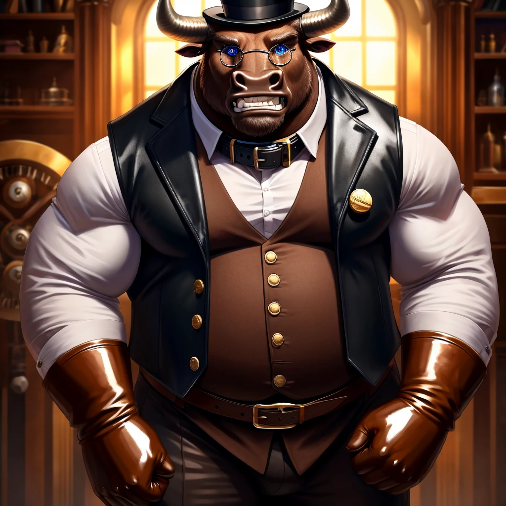 Solo, Male, fat, extremely obese, gentleman, dapper Professor Minotaur, blue eyes, (posing:1.3), (soft shading), 4k, hi res, ((detailed face, detailed)), looking at viewer, mouth wide open, steampunk, collared shirt with buttons, top hat, male focus, Explorer Outfit, glasses, monocle, vest with buttons, sleeves rolled up, round eyewear, brown headwear, brown vest, Minotaur is wearing a glossy leather dog collar around the neck, Minotaur is wearing the leather collar and shirt and vest at the same time, Minotaur is wearing glossy white rubber gloves on the hands, wearing white rubber gloves on the feet, gloves are rubber in texture, clenching teeth, clenching fists, leather collar is glossy and shiny with a lot of detail, Minotaur is wearing gloves and leather collar at the same time, leather collar has a round dog-tag, leather collar is thick and detailed, leather collar is glossy and shiny, fancy clothing, dapper vest, dapper shirt, leather collar is thick, glossy leather collar.