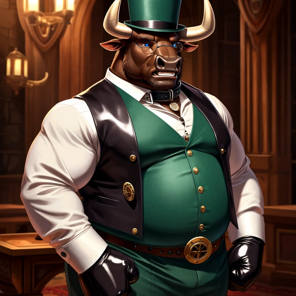 Solo, Male, fat, extremely obese, gentleman, dapper Professor Minotaur, blue eyes, (posing:1.3), (soft shading), 4k, hi res, ((detailed face, detailed)), looking at viewer, mouth wide open, steampunk, collared shirt with buttons, top hat, male focus, Explorer Outfit, glasses, monocle, vest with buttons, sleeves rolled up, round eyewear, brown headwear, brown vest, Minotaur is wearing a glossy leather dog collar around the neck, Minotaur is wearing the leather collar and shirt and vest at the same time, Minotaur is wearing glossy white rubber gloves on the hands, wearing white rubber gloves on the feet, gloves are rubber in texture, clenching teeth, clenching fists, leather collar is glossy and shiny with a lot of detail, Minotaur is wearing gloves and leather collar at the same time, leather collar has a round dog-tag, leather collar is thick and detailed, leather collar is glossy and shiny, fancy clothing, dapper vest, dapper shirt, leather collar is thick, glossy leather collar.