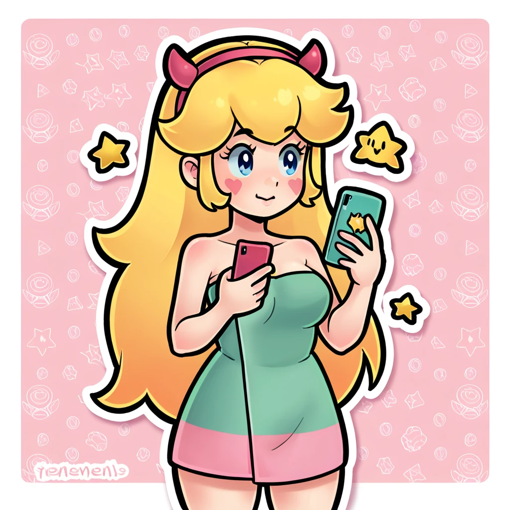 score_9_presence, score_8_up, Star Butterfly, wrapped in towel, medium breasts, holding phone